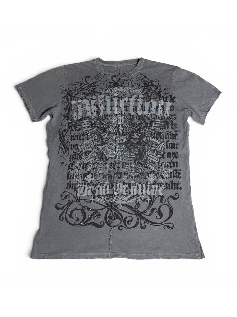 Y2K Affliction “Dead or Alive” Grey Distressed + Studded Graphic Tee